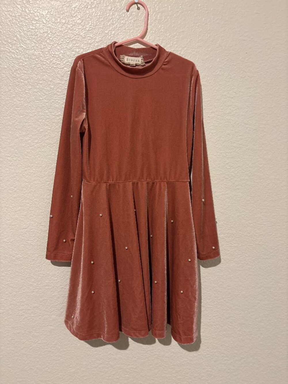 Btween girls size 10 dress dusty pink white pearl beads long sleeve velvet mock